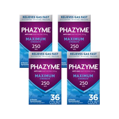 Phazyme Maximum Strength Gas and Bloating Relief | 250 mg Simethicone | 36 Fast GELS | Pack of 4