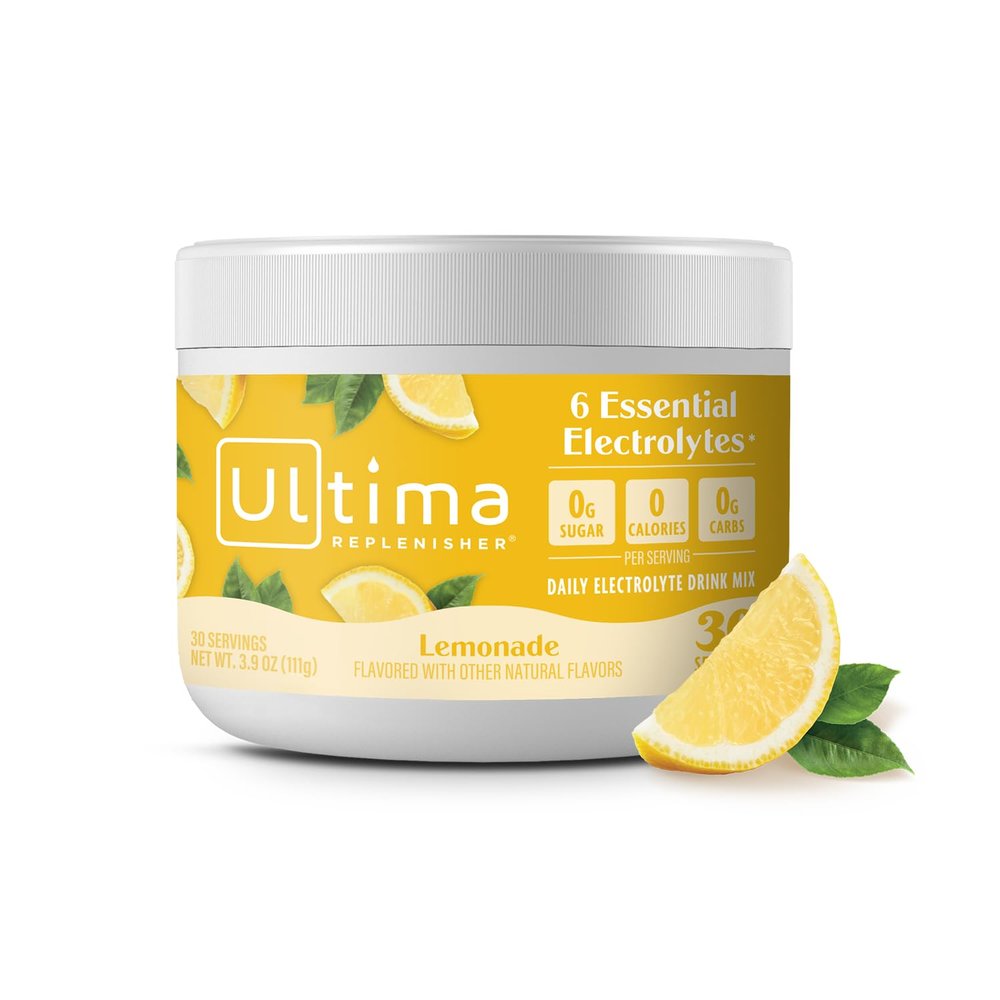 Ultima Replenisher Daily Electrolyte Powder Drink Mix Sugar Free Lemonade, 30 Servings Hydration Powder with 6 Key Electrolytes and Trace Minerals Keto Friendly, Vegan, Non-GMO