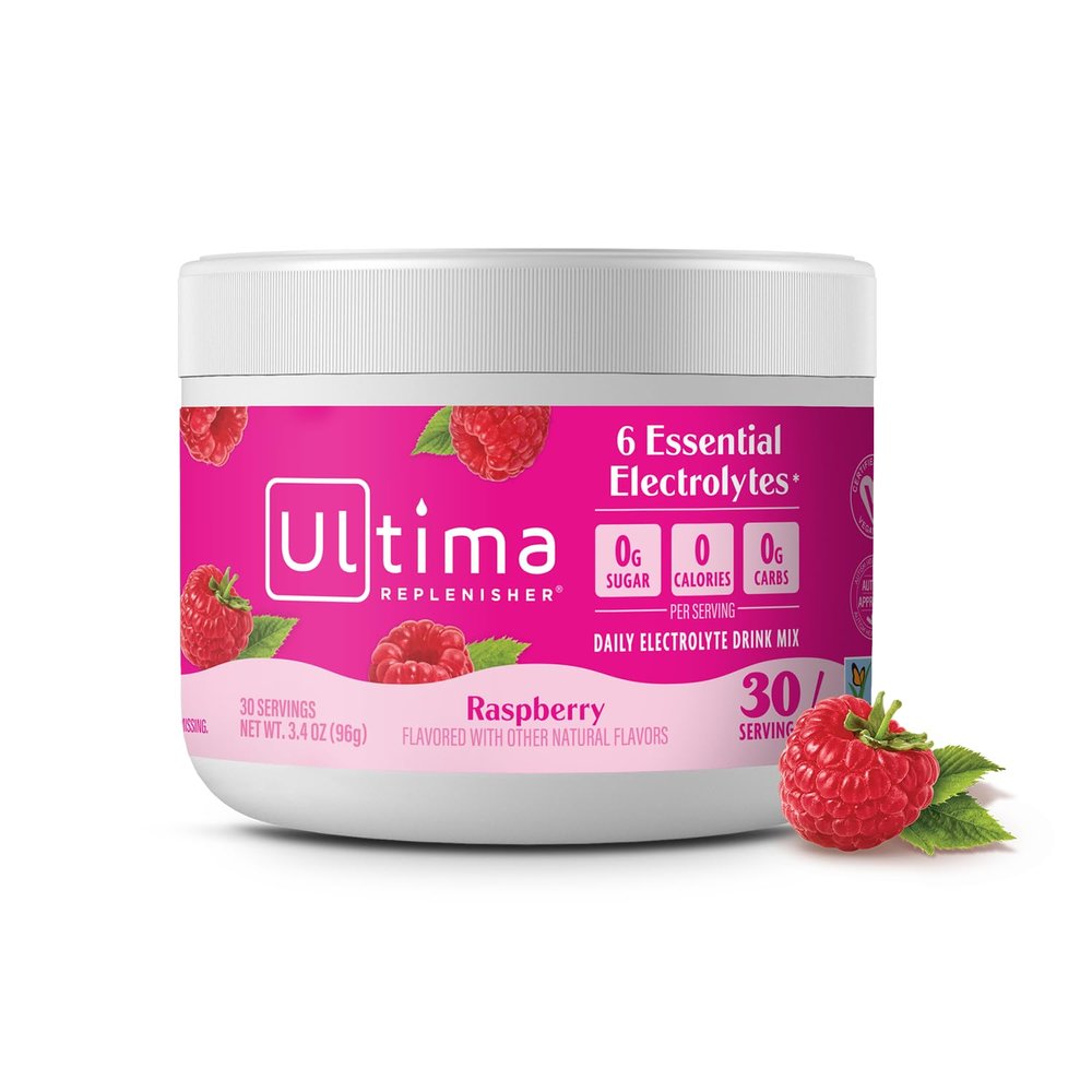 Ultima Replenisher Daily Electrolyte Powder Drink Mix Sugar Free Raspberry, 30 Servings Hydration Powder with 6 Key Electrolytes and Trace Minerals Keto Friendly, Vegan, Non-GMO
