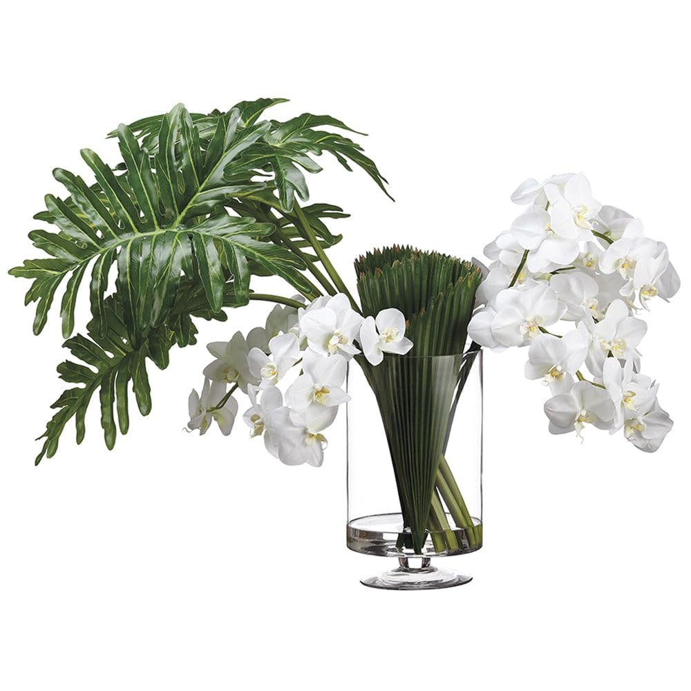 SilksAreForever 30" Hx40 W Phalaenopsis Orchid, Selloum Leaf & Palm Silk Flower Arrangement -White/Green