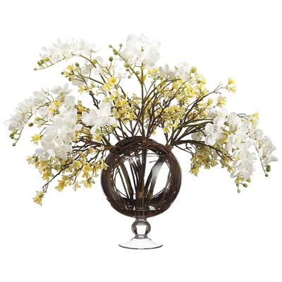 SilksAreForever 26" Hx31 W Phalaenopsis Orchid, Heptacodium & Twig Silk Flower Arrangement -White/Yellow