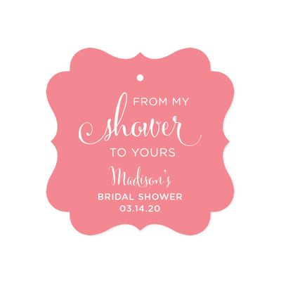 Andaz Press Personalized Baby and Bridal Wedding Shower Frame Party Favor Gift Tags, from My Shower to Yours, Coral, 24-Pack, Custom Name