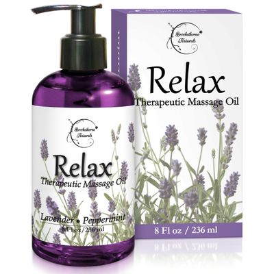 Relax Therapeutic Body Massage Oil - with Best Essential Oils for Sore Muscles & Stiffness Lavender, Peppermint & Marjoram - All Natural - with Sweet Almond, Grapeseed & Jojoba Oil 8oz