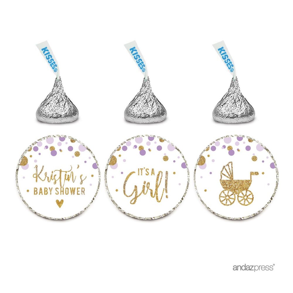Andaz Press Lavender Gold Glitter Girl Baby Shower Party Collection, Personalized Chocolate Drop Label Stickers Trio, 216-Pack, Custom Name, Fits Kisses Party Favors