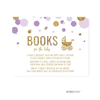 Andaz Press Lavender Gold Glitter Girl Baby Shower Party Collection, Games, Activities, Decorations, Books for Baby Request Cards, 20-pack