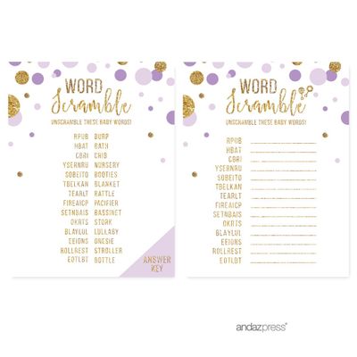 Andaz Press Lavender Gold Glitter Girl Baby Shower Party Collection, Games, Activities, Decorations, Word Scramble Game Cards, 20-pack