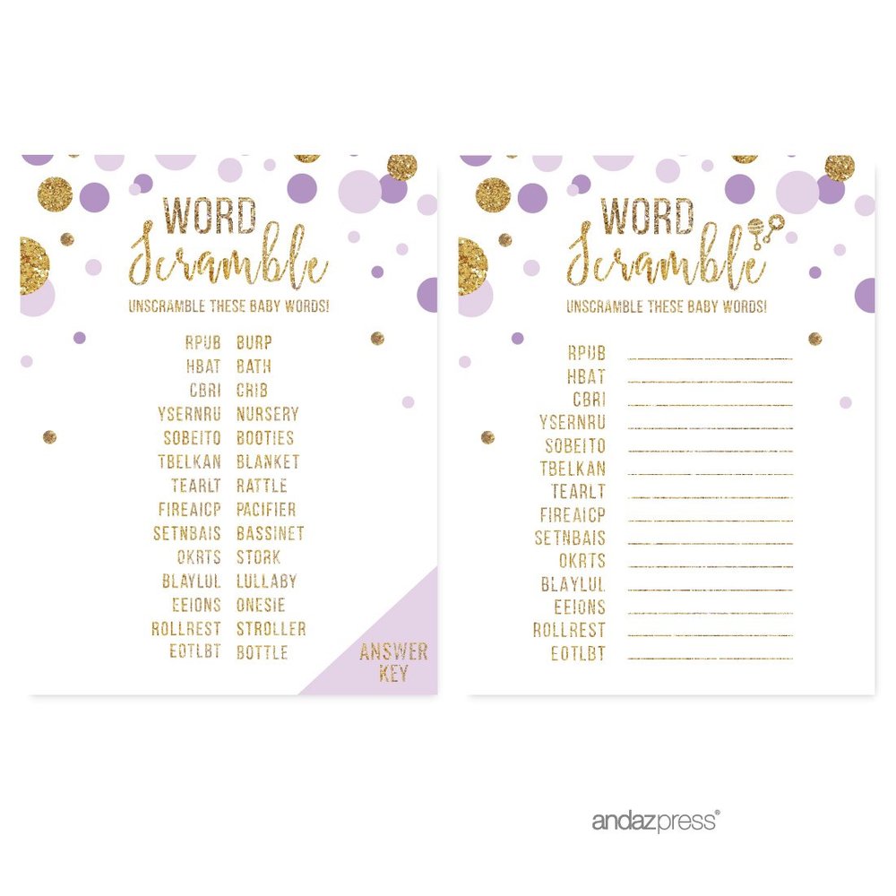 Andaz Press Lavender Gold Glitter Girl Baby Shower Party Collection, Games, Activities, Decorations, Word Scramble Game Cards, 20-pack