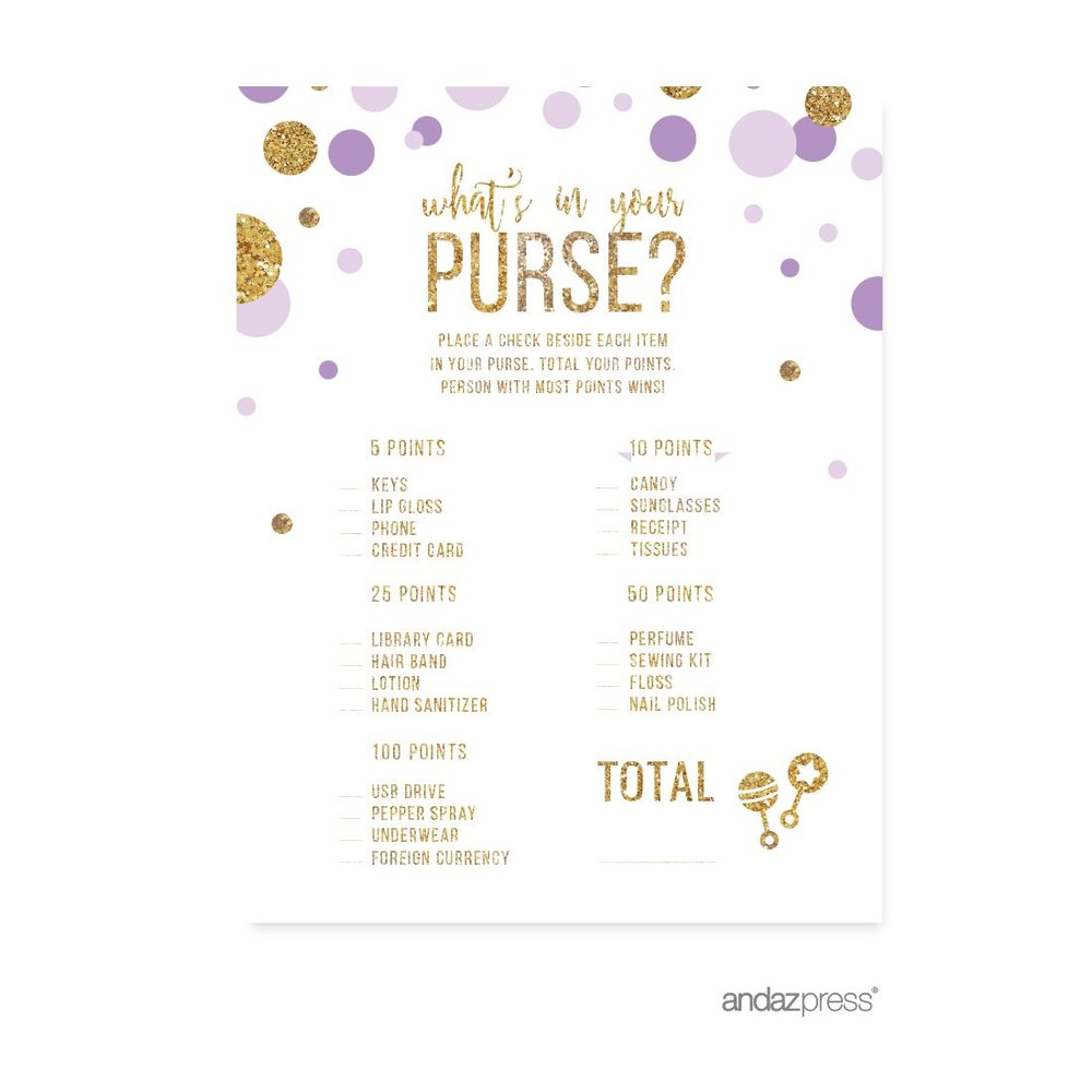 Andaz Press Lavender Gold Glitter Girl Baby Shower Party Collection, Games, Activities, Decorations, What's in Your Purse? Game Cards, 20-pack