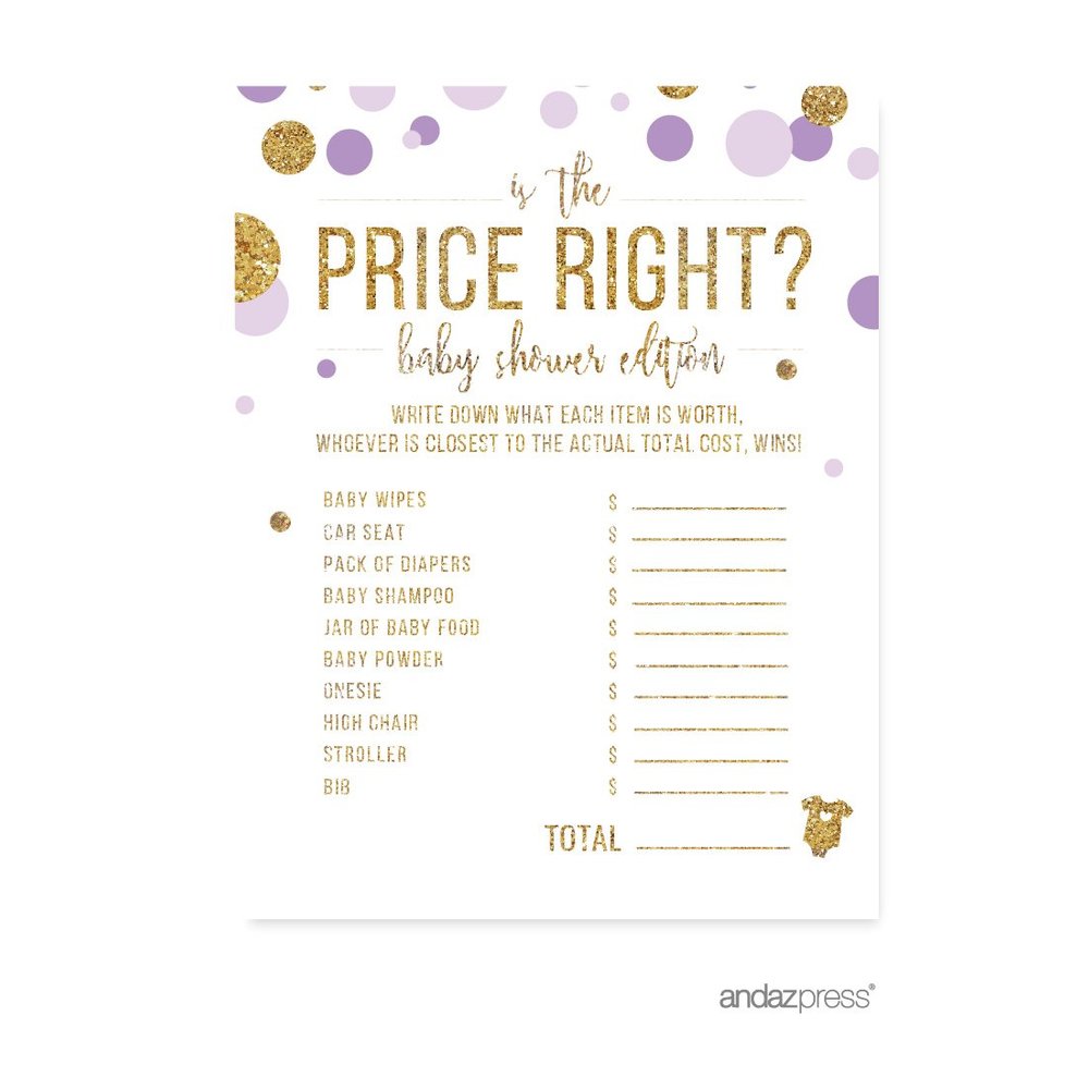 Andaz Press Lavender Gold Glitter Girl Baby Shower Party Collection, Games, Activities, Decorations, Is the Price Right Game Cards, 20-pack