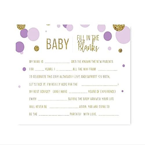 Andaz Press Lavender Gold Glitter Girl Baby Shower Party Collection, Games, Activities, Decorations, Baby Fill in the Blanks Cards, 20-pack
