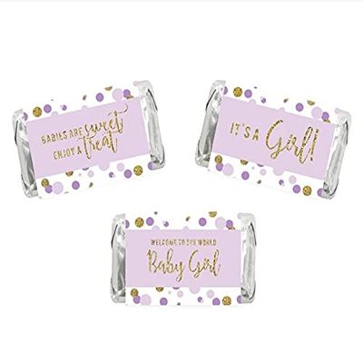 Andaz Press Lavender Gold Glitter Girl Baby Shower Party Collection, Chocolate Minis Labels, Fits Chocolate Miniatures Party Favors, 36-Pack