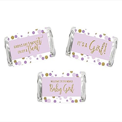 Andaz Press Lavender Gold Glitter Girl Baby Shower Party Collection, Chocolate Minis Labels, Fits Chocolate Miniatures Party Favors, 36-Pack