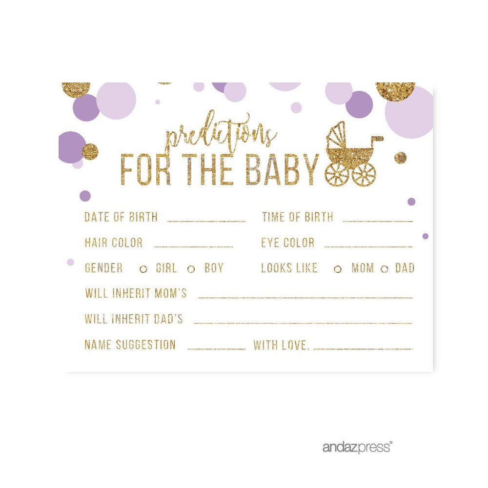 Andaz Press Lavender Gold Glitter Girl Baby Shower Party Collection, Games, Activities, Decorations, Predictions for Baby Cards, 20-pack