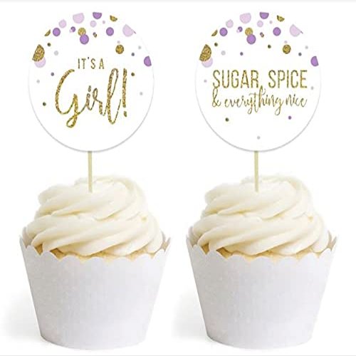 Andaz Press Lavender Gold Glitter Girl Baby Shower Party Collection, Round Cupcake Topper DIY Party Favors Kit, 20-Pack