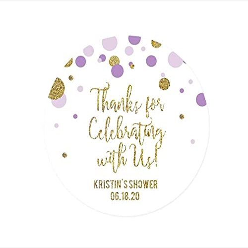 Andaz Press Lavender Gold Glitter Girl Baby Shower Party Collection, Personalized Round Circle Label Stickers, Thank You for Celebrating with US, 40-Pack, Custom Name