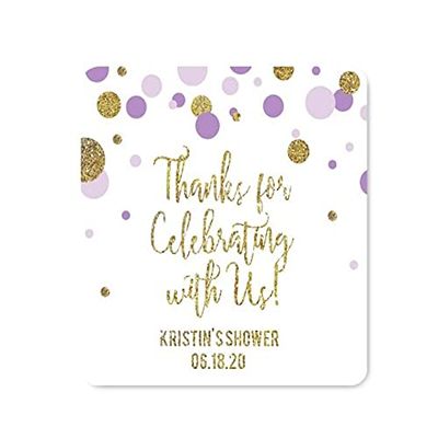 Andaz Press Lavender Gold Glitter Girl Baby Shower Party Collection, Personalized Square Label Stickers, Thank You for Celebrating with US, 40-Pack, Custom Name