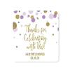 Andaz Press Lavender Gold Glitter Girl Baby Shower Party Collection, Personalized Square Label Stickers, Thank You for Celebrating with US, 40-Pack, Custom Name view 1