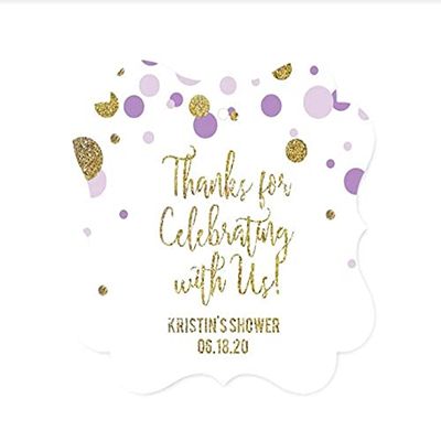 Andaz Press Lavender Gold Glitter Girl Baby Shower Party Collection, Personalized Fancy Frame Gift Tags, Thank You for Celebrating With Us, 24-Pack, Custom Name