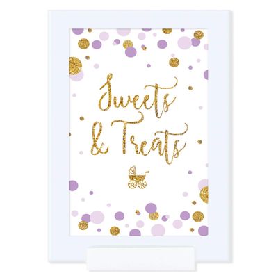Andaz Press Lavender Gold Glitter Girl Baby Shower Party Collection, Framed Party Sign, Sweets & Treats Table Signage, 4x6-inch, 1-Pack, Includes Frame