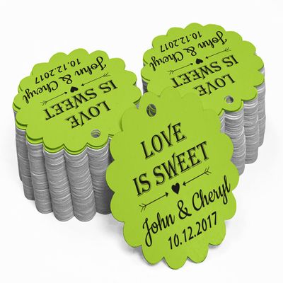 100 PCS Love is Sweet Personalized Scallop Edge Wedding Favor Gift Paper Tags Custom Made Hang Tags