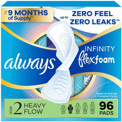 Always Infinity Feminine Pads for Women, Flexfoam Pads without Wings, Size 2, Heavy Absorbency, Unscented, 96 Count (3 Packs of 32)