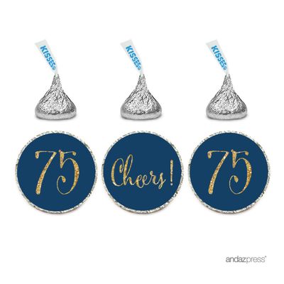 Andaz Press Gold Glitter Print Chocolate Drop Labels Stickers, Cheers 75, Happy 75th Birthday, Anniversary, Reunion, Navy Blue, 216-Pack, Not Real Glitter, for Kisses Party Favors