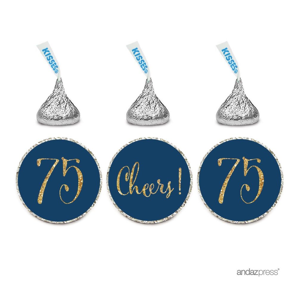 Andaz Press Gold Glitter Print Chocolate Drop Labels Stickers, Cheers 75, Happy 75th Birthday, Anniversary, Reunion, Navy Blue, 216-Pack, Not Real Glitter, for Kisses Party Favors