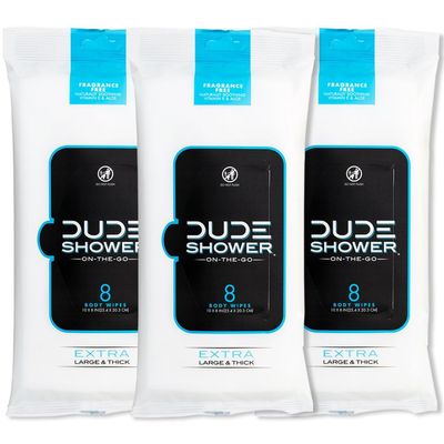 DUDE Wipes - On-The-Go Shower Wipes - 3 Pack, 24 Count - Unscented Extra-Large - Vitamin E & Aloe