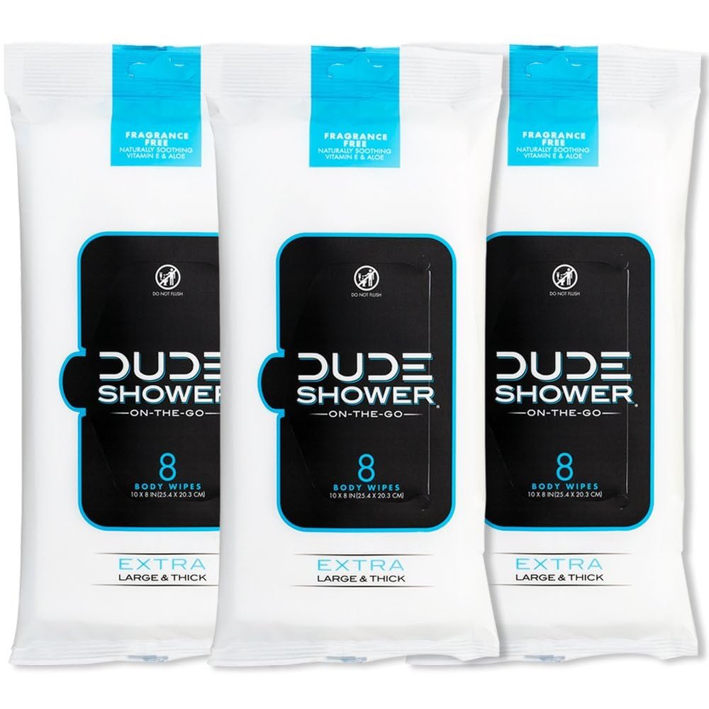 DUDE Wipes - On-The-Go Shower Wipes - 3 Pack, 24 Count - Unscented Extra-Large - Vitamin E & Aloe