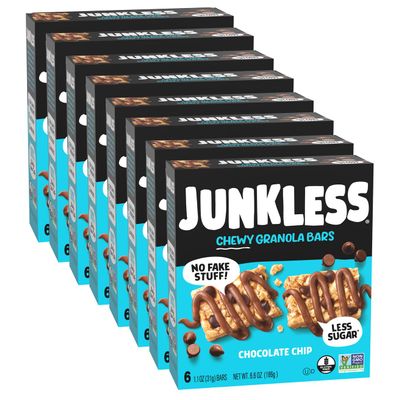 JUNKLESS Chewy Granola Bar 48 Bar Family Pack Chocolate Chip  Less Sugar, NonGMO, GlutenFree, Wholesome Snack Bars for Kids & Adults, 8 Boxes