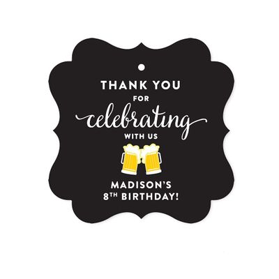 Andaz Press Personalized Birthday Fancy Frame Gift Tags, Thank You for Celebrating with Us, Beer Mugs Cheers!, 24-Pack, Custom Name, for Gifts and Party Favors
