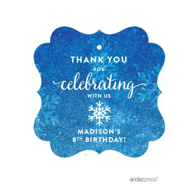 Andaz Press Personalized Birthday Fancy Frame Gift Tags, Thank You for Celebrating with Us, Frozen Snowflake, 24-Pack, Custom Name, for Gifts and Party Favors