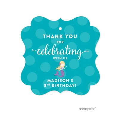Andaz Press Personalized Birthday Fancy Frame Gift Tags, Thank You for Celebrating with Us, Nautical Ocean Mermaid, 24-Pack, Custom Name, for Gifts and Party Favors