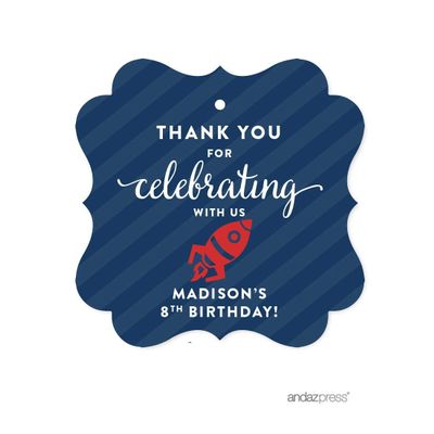 Andaz Press Personalized Birthday Fancy Frame Gift Tags, Thank You for Celebrating with Us, Astronaut Space Rocket Ship, 24-Pack, Custom Name, for Gifts and Party Favors