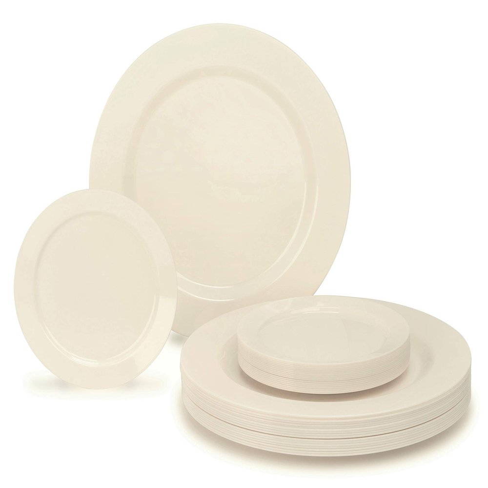 OCCASIONS 50 Ivory Plastic Plates for Wedding & Party, Heavyweight Fancy Disposable - 25 x 10.5" Dinner + 25 x 6.25" Dessert (25 Guests, Plain Ivory)