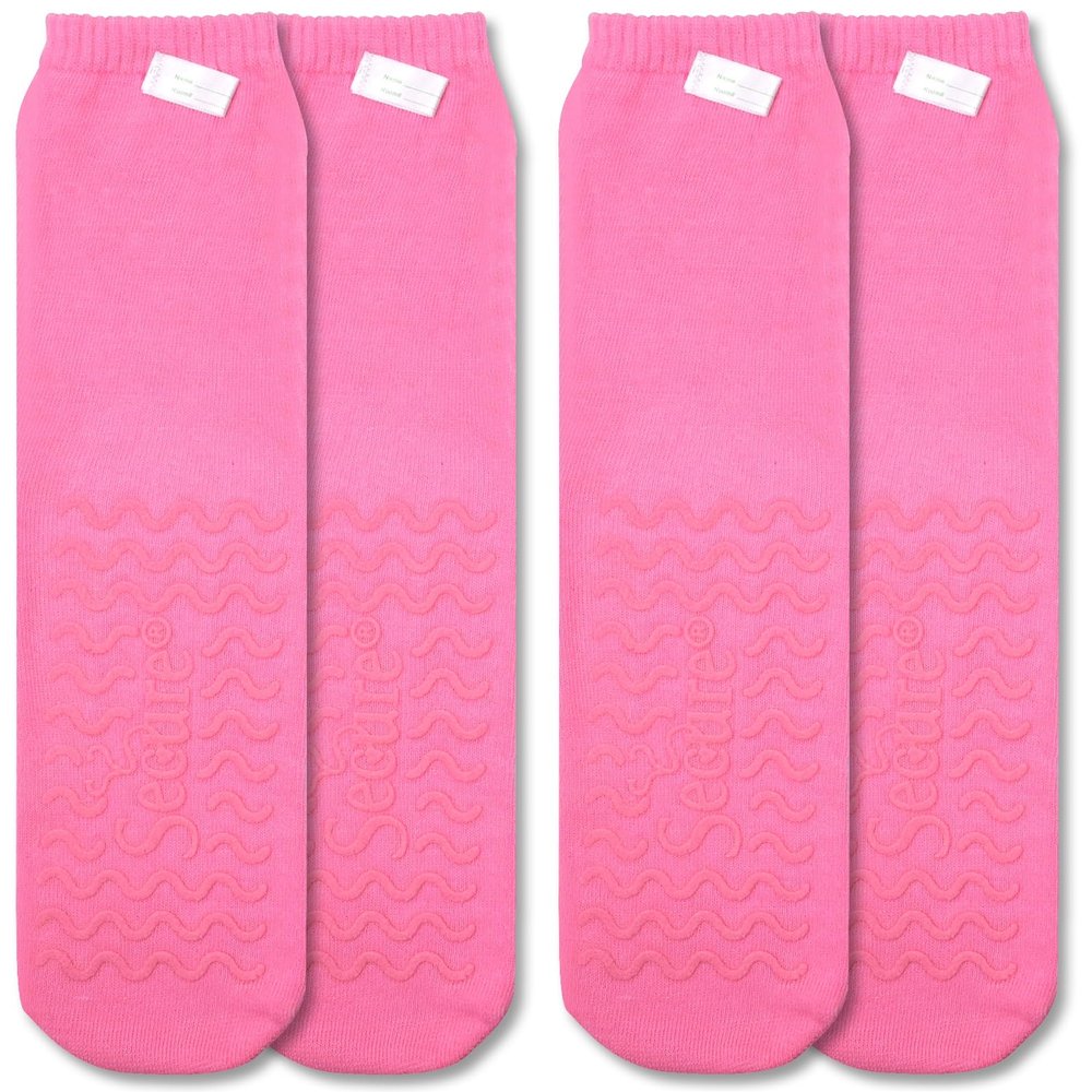 2 Pairs of Ultra Soft Non-Slip Grip Slipper Socks, Pink - Fall Injury Prevention Hospital Sock for Safety, Comfort and Warmth - All Around Tread Pattern