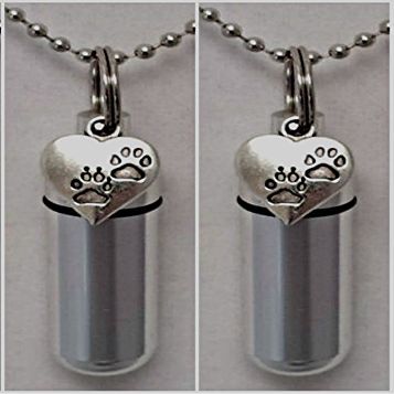 Set of TWO Silver Paws on Heart CREMATION URN Keepsakes with LASER ENGRAVED PAW - Includes 24" Ball-Chains, Velvet Pouches and Fill Kit