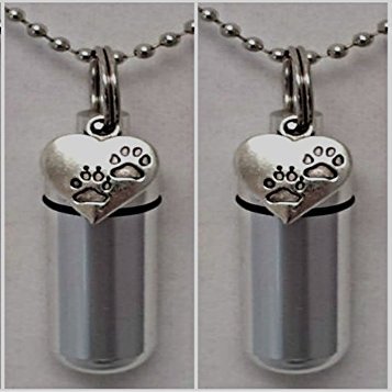 Set of TWO Silver Paws on Heart CREMATION URN Keepsakes with LASER ENGRAVED PAW - Includes 24" Ball-Chains, Velvet Pouches and Fill Kit