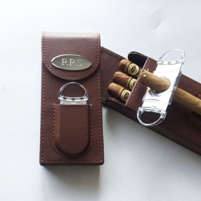 Personalized Engraved Free Cigar Case,Cutter-Dark Brown leather-Father's day gift