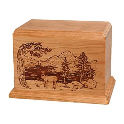 Wood Cremation Urn - Natural Cherry Mule Deer