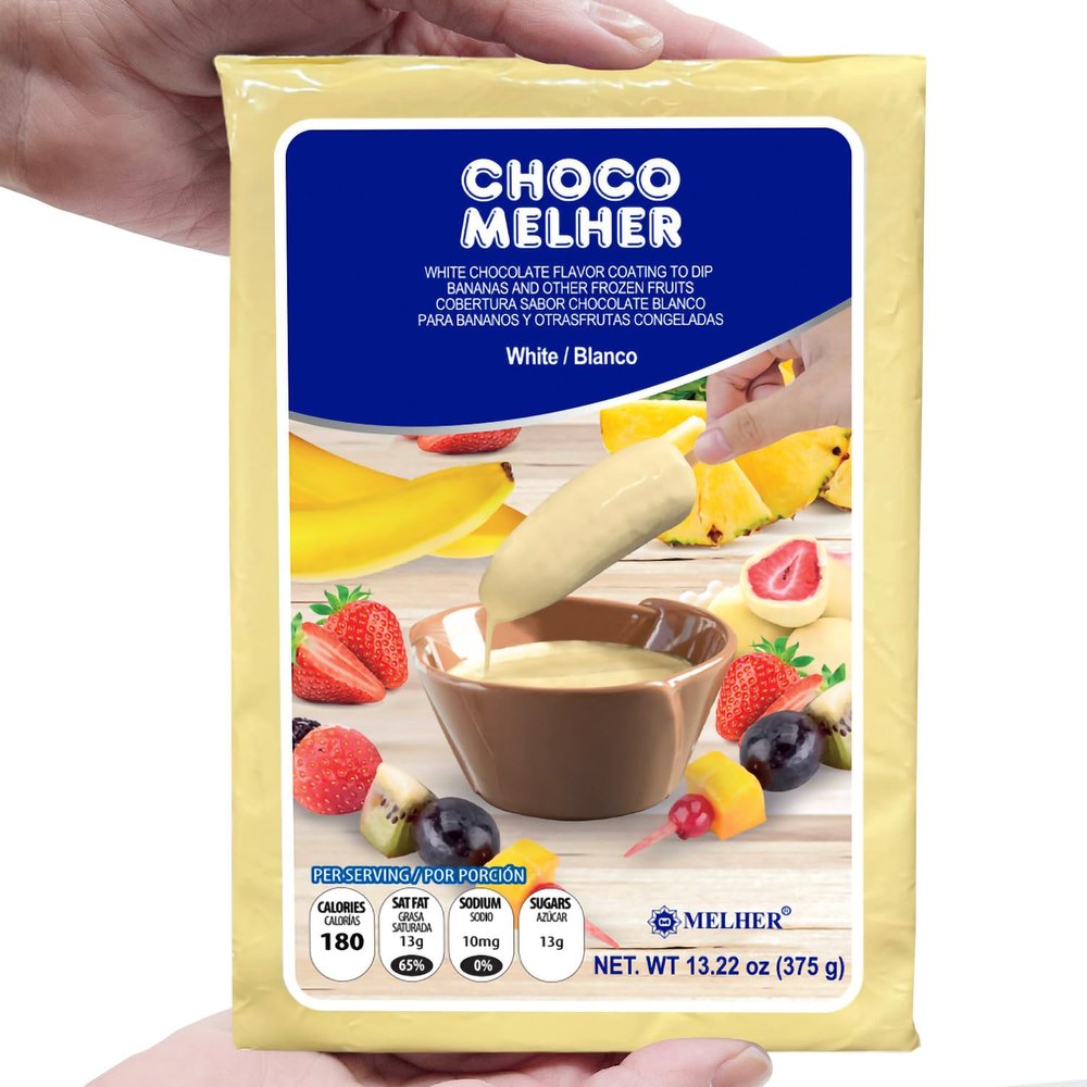 CHOCOMELHER White 1Pack - Milk White Chocolate Flavored Coating for Chocobananos - Cobertura Blanca - Best to Cover Frozen Bananas & Strawberries - Traditional Snack from El Salvador - 13.22 oz Bag.