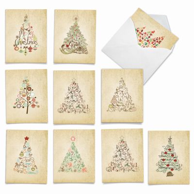 The Best Card Company - 10 Blank Christmas Note Cards with Envelopes (4 x 5.12 Inch) - Fun Assorted Holiday Notecard Set - Retro Tannenbaum M6648XSB