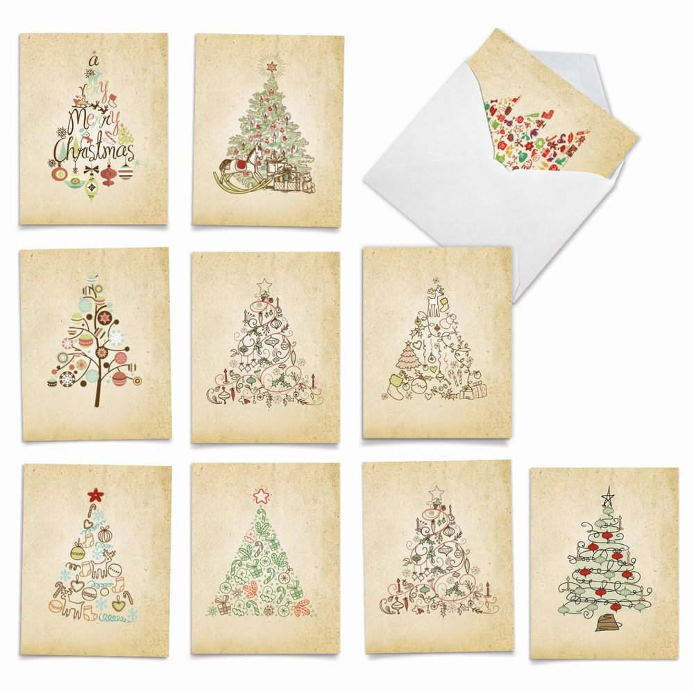 The Best Card Company - 10 Blank Christmas Note Cards with Envelopes (4 x 5.12 Inch) - Fun Assorted Holiday Notecard Set - Retro Tannenbaum M6648XSB