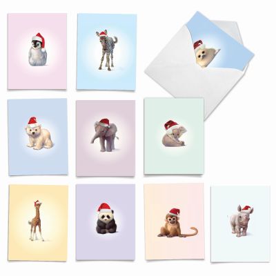 The Best Card Company - 10 Blank Animal Christmas Note Cards - Assorted Bulk Holiday Cards for Men and Women, Fun Wildlife (4 x 5.12 Inch) - Christmas Zoo Babies M6726XSB