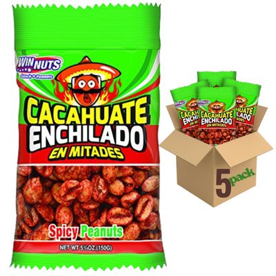 WINNUTS Spicy Peanuts Halves (5 Pack, 5.25 oz Each) | Cacahuates Enchilados Mexicanos, Mexican Enchilados Peanuts