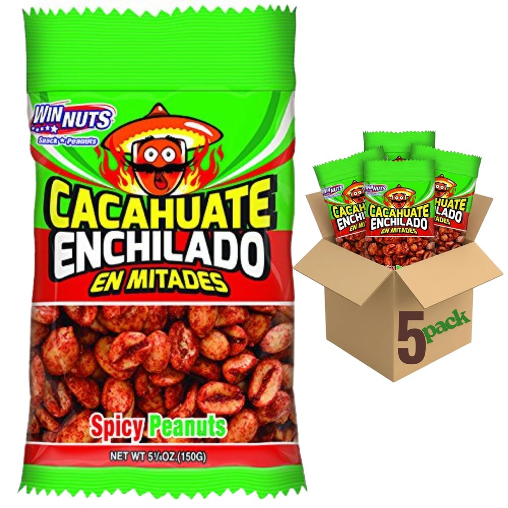 WINNUTS Spicy Peanuts Halves (5 Pack, 5.25 oz Each) | Cacahuates Enchilados Mexicanos, Mexican Enchilados Peanuts