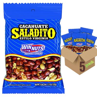 WINNUTS Salted Virginia Peanuts (5 Pack, 5.25 oz Each) | Classic "Cacahuate Saladito" Style | Mexican Peanuts Botana Snack
