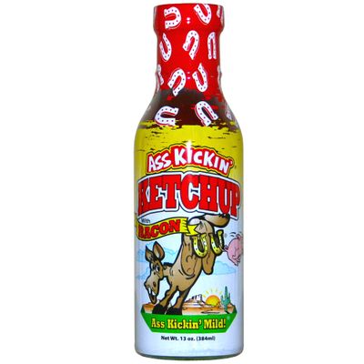 ASS KICKIN' Bacon Ketchup  13 oz. Ketchup Bottle  Premium Gourmet Ketchup with Bacon  Perfect Condiment Glass Bottle for French Fries and Corn Dogs