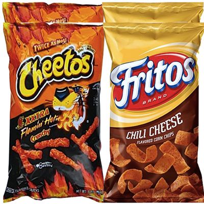 Cheetos Crunchy Xxtra Flamin Hot & Fritos Chili Cheese Corn Chips Snack Care Package for College, Military, Sports Approxiamtely 8.0 Oz (4)
