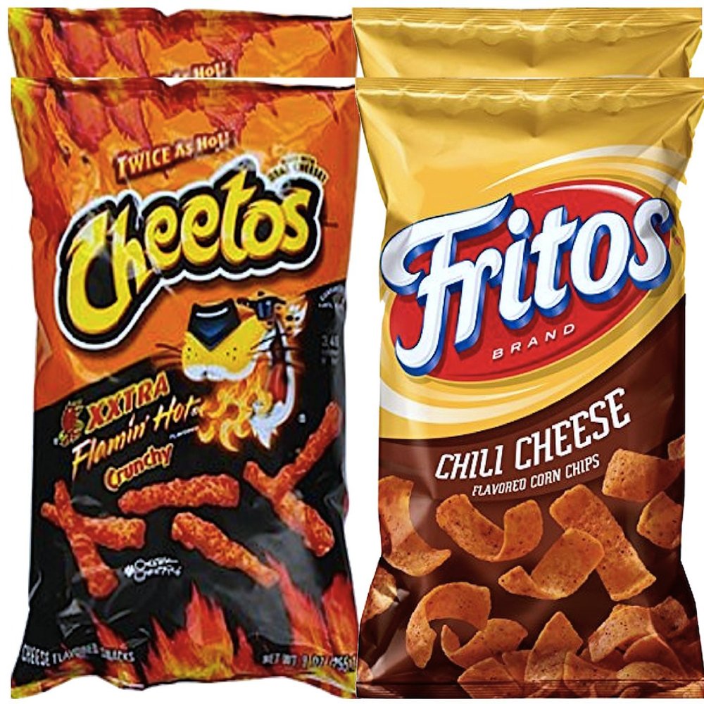 Cheetos Crunchy Xxtra Flamin Hot & Fritos Chili Cheese Corn Chips Snack Care Package for College, Military, Sports Approxiamtely 8.0 Oz (4)